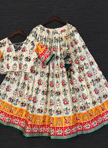 Traditional Pure Cotton Patola Lehenga Choli With Green Bandhani Dupatta